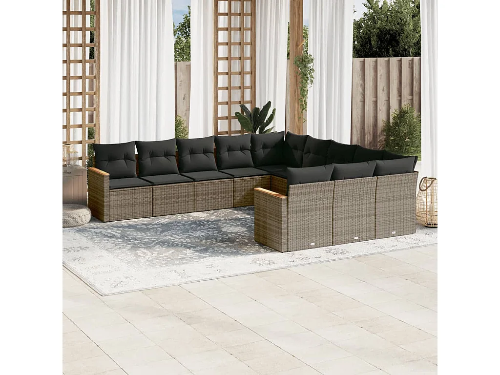 Garden Furniture - 11-tlg. Garten-Sofagarnitur mit Kissen Grau Poly Rattan