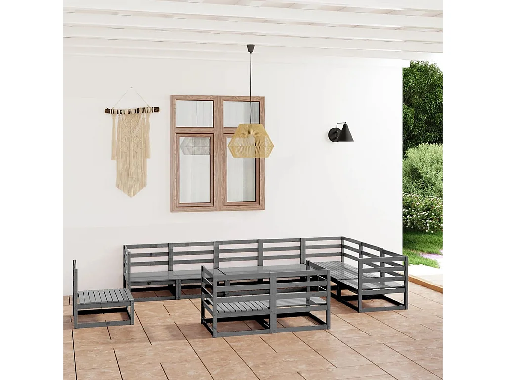 Garden Furniture - Set Divani da Giardino 10 pz Grigi in Legno Massello di Pino