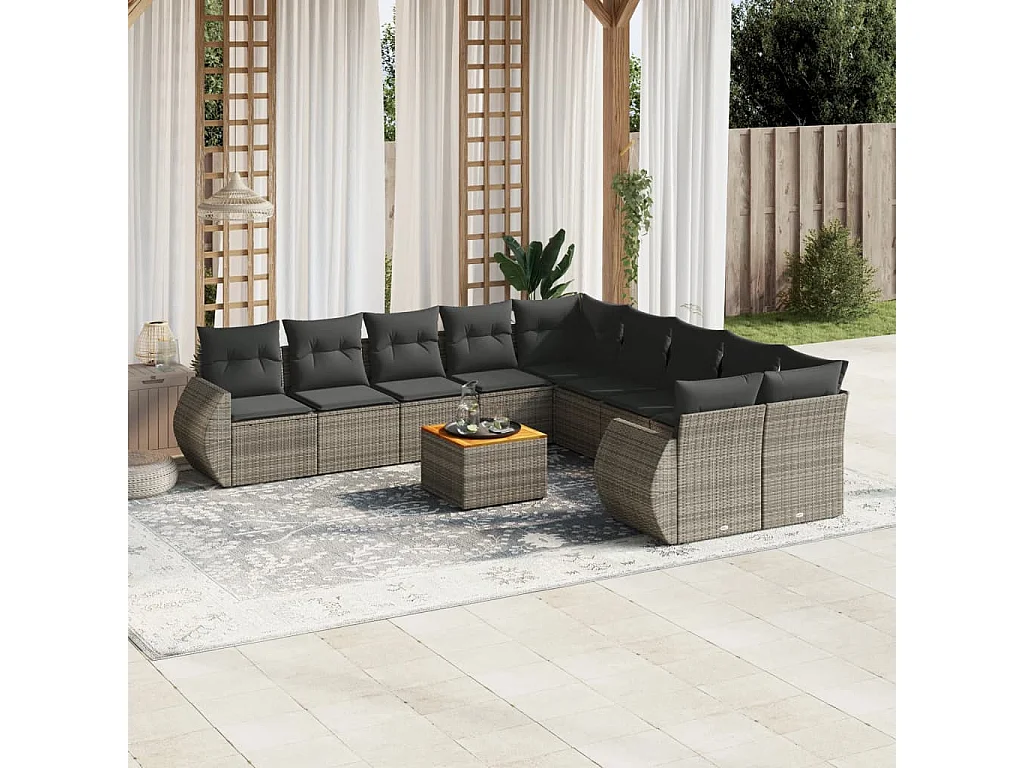 Garden Furniture - 11-tlg. Garten-Sofagarnitur mit Kissen Grau Poly Rattan