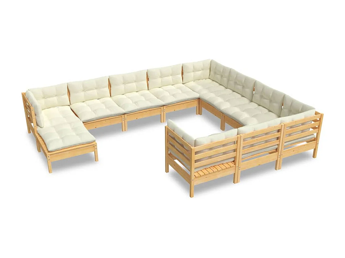 11 pcs conjunto lounge de jardim c/ almofadões cor creme pinho