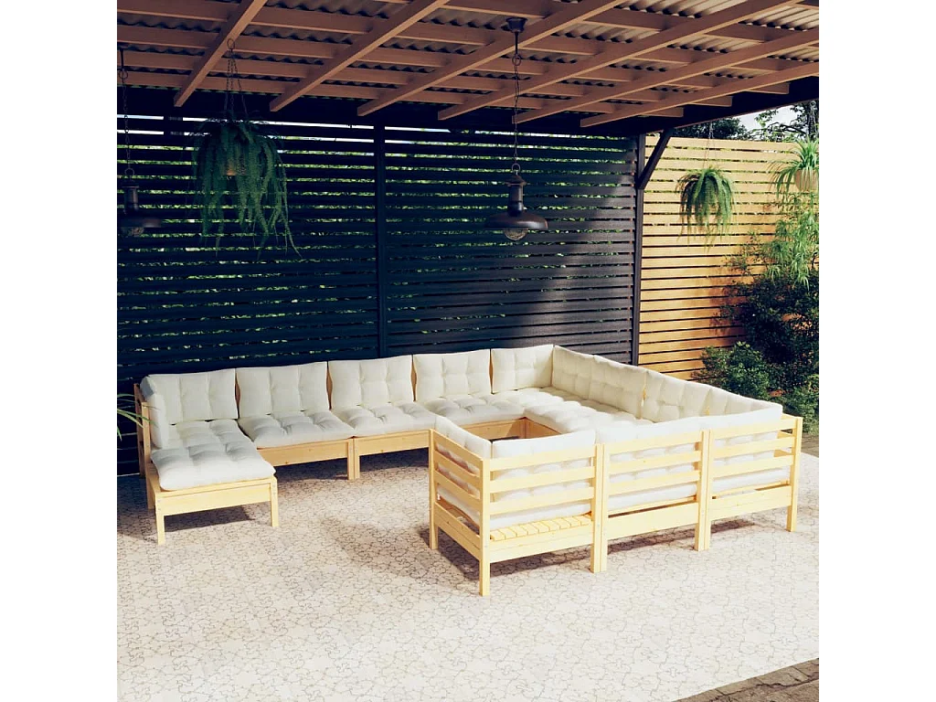 11 pcs conjunto lounge de jardim c/ almofadões cor creme pinho