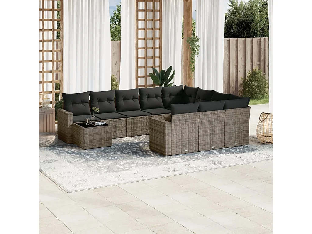 Garden Furniture - 11-tlg. Garten-Sofagarnitur mit Kissen Grau Poly Rattan
