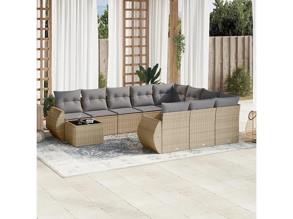 Garden Furniture - 11-tlg. Garten-Sofagarnitur mit Kissen Beige Poly Rattan