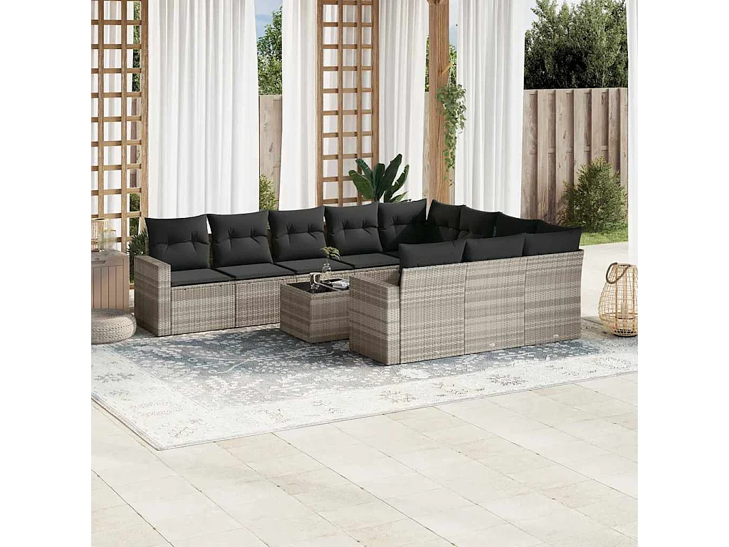 Garden Furniture - Salon de jardin 11 pcs avec coussins gris clair résine tressée