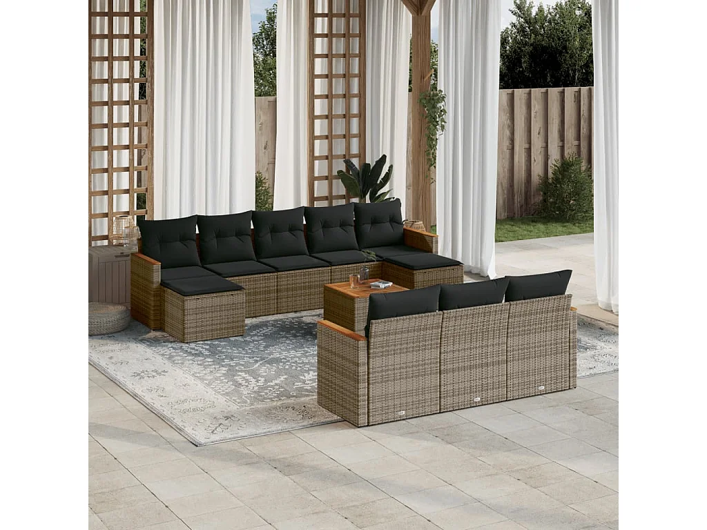 Garden Furniture - 11-tlg. Garten-Sofagarnitur mit Kissen Grau Poly Rattan