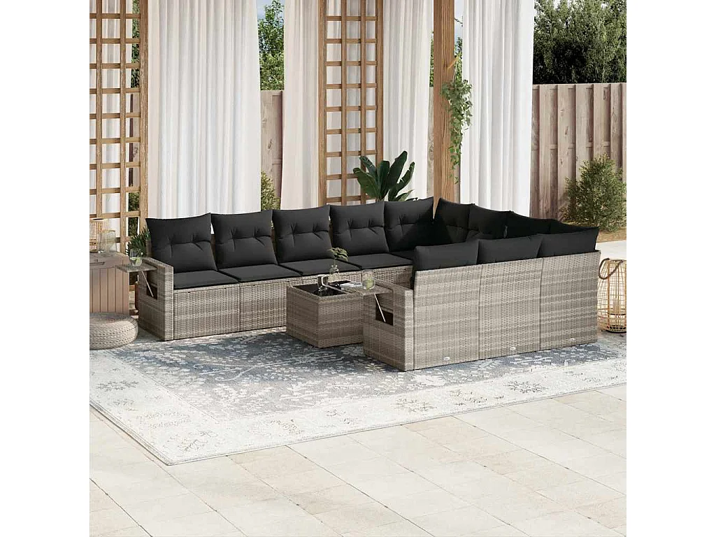 Garden Furniture - 11-tlg. Garten-Sofagarnitur mit Kissen Hellgrau Poly Rattan