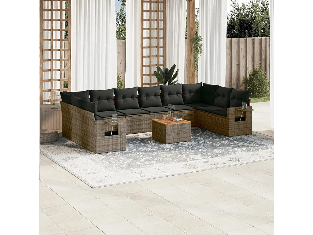 Garden Furniture - Set Divani da Giardino 11 pz con Cuscini in Polyrattan Grigio