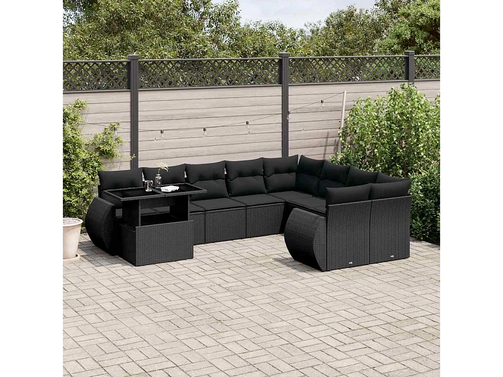 Garden Furniture - 10-tlg. Garten-Sofagarnitur mit Kissen Schwarz Poly Rattan