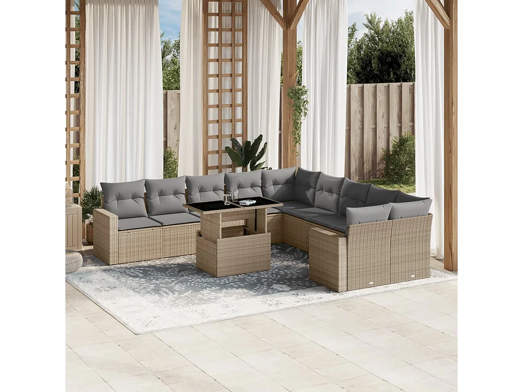 Garden Furniture - Set Divani da Giardino 11 pz con Cuscini Beige in Polyrattan