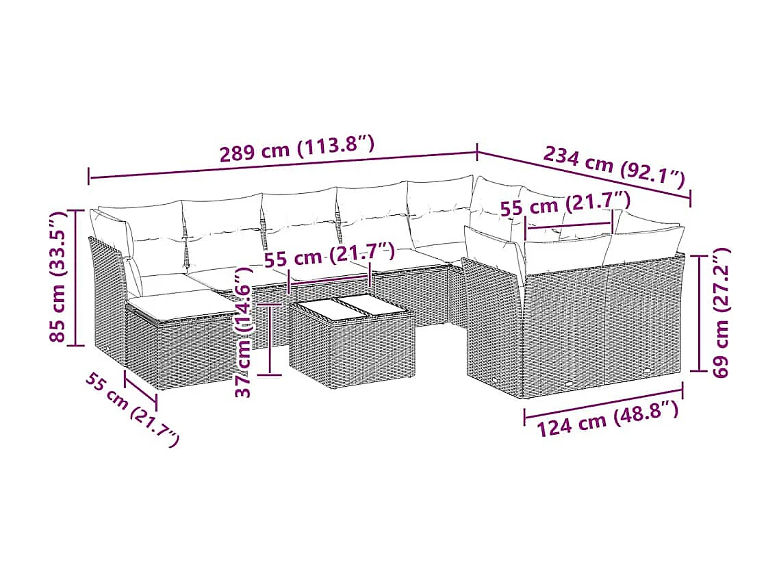 Garden Furniture - Set Divani da Giardino 11 pz con Cuscini in Polyrattan Grigio