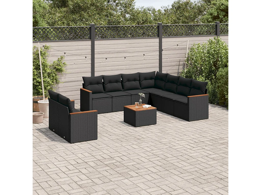 Garden Furniture - Set Divani da Giardino 10pz con Cuscini in Polyrattan Nero