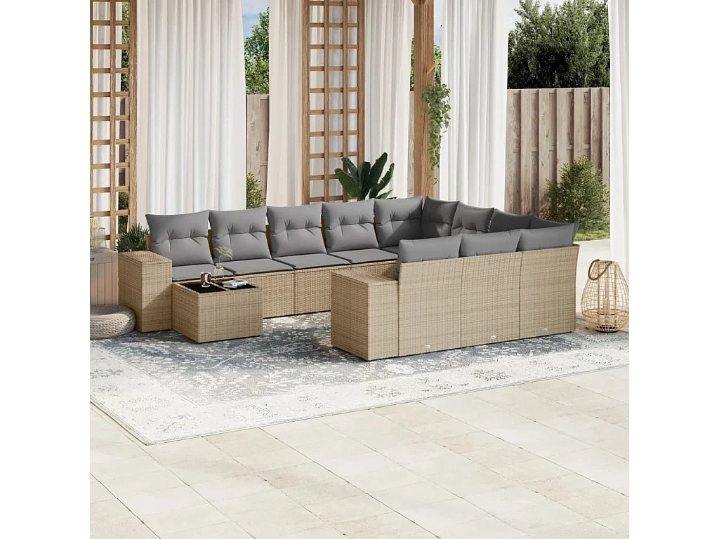 Garden Furniture - 11-tlg. Garten-Sofagarnitur mit Kissen Beige Poly Rattan