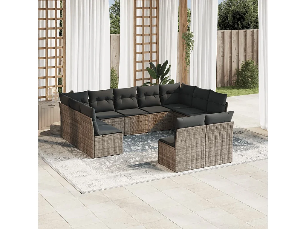 11 pcs conjunto sofás de jardim c/ almofadões vime PE cinzento