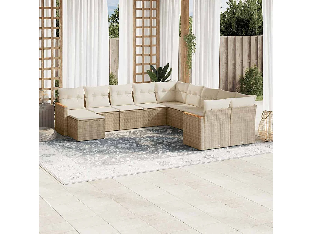 11 pcs conjunto sofás de jardim c/ almofadões vime PE bege
