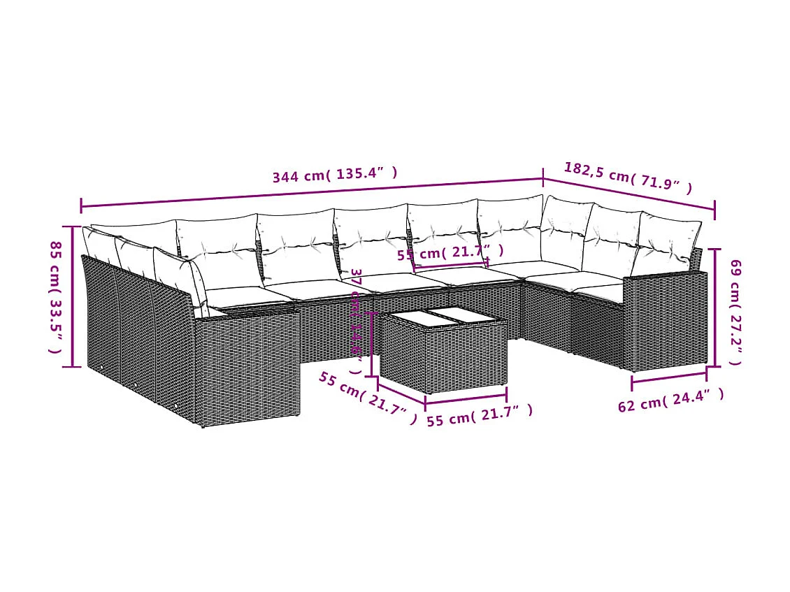 11 pcs conjunto sofás de jardim c/ almofadões vime PE bege