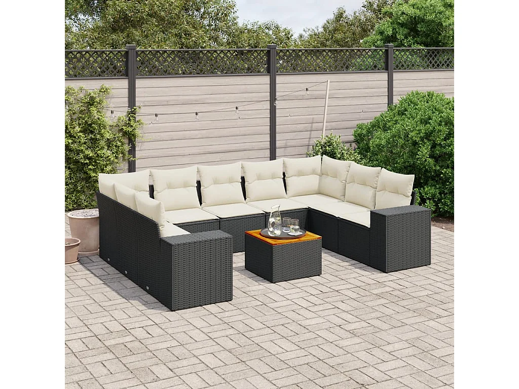Garden Furniture - 10-tlg. Garten-Sofagarnitur mit Kissen Schwarz Poly Rattan