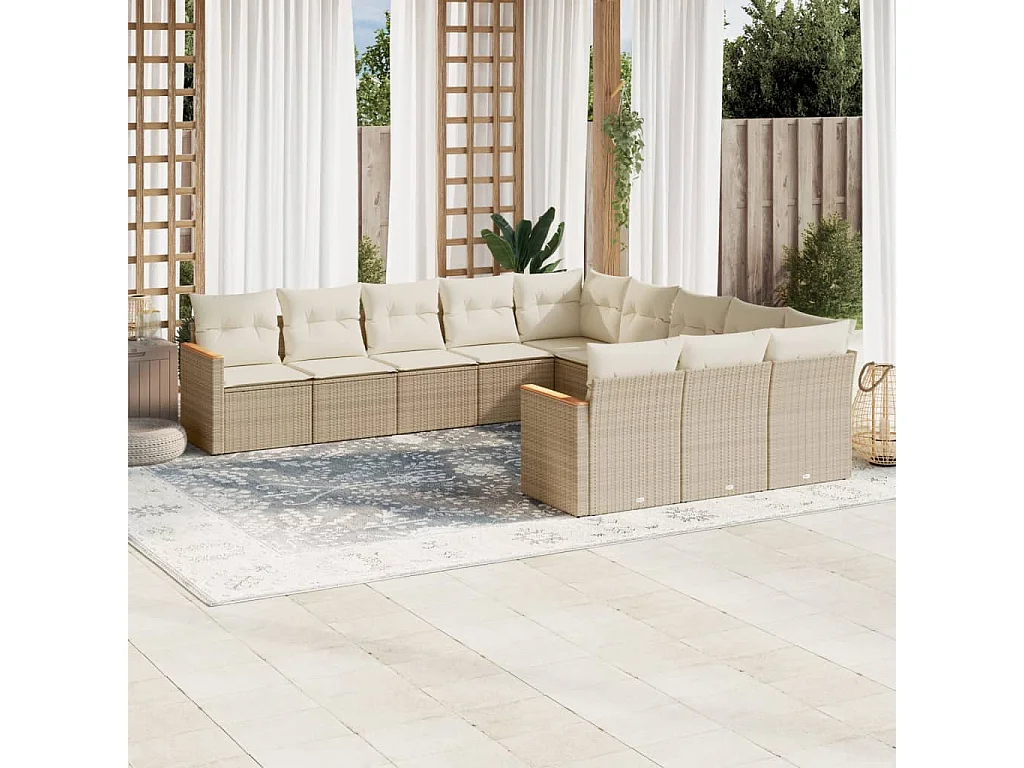 11 pcs conjunto sofás de jardim c/ almofadões vime PE bege