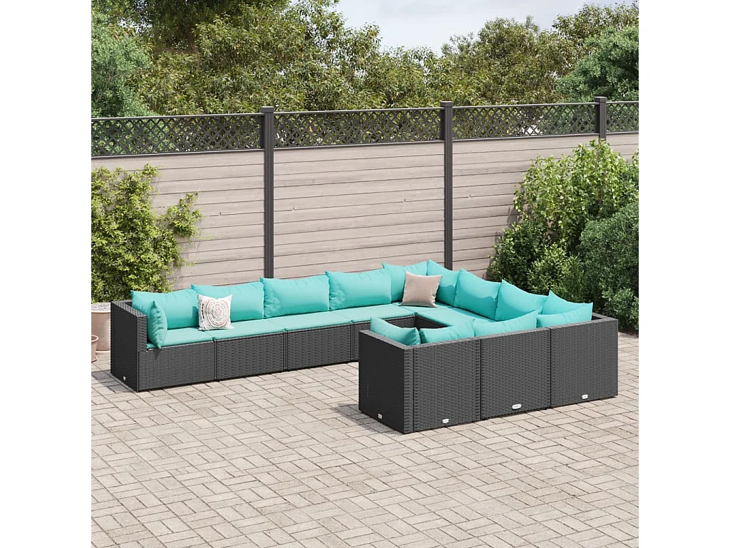 Garden Furniture - 10-tlg. Garten-Sofagarnitur mit Kissen Schwarz Poly Rattan