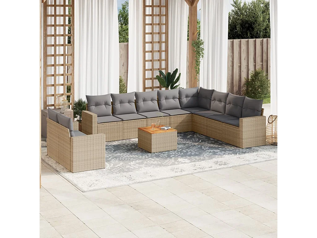 Garden Furniture - 11-tlg. Garten-Sofagarnitur mit Kissen Beige Poly Rattan
