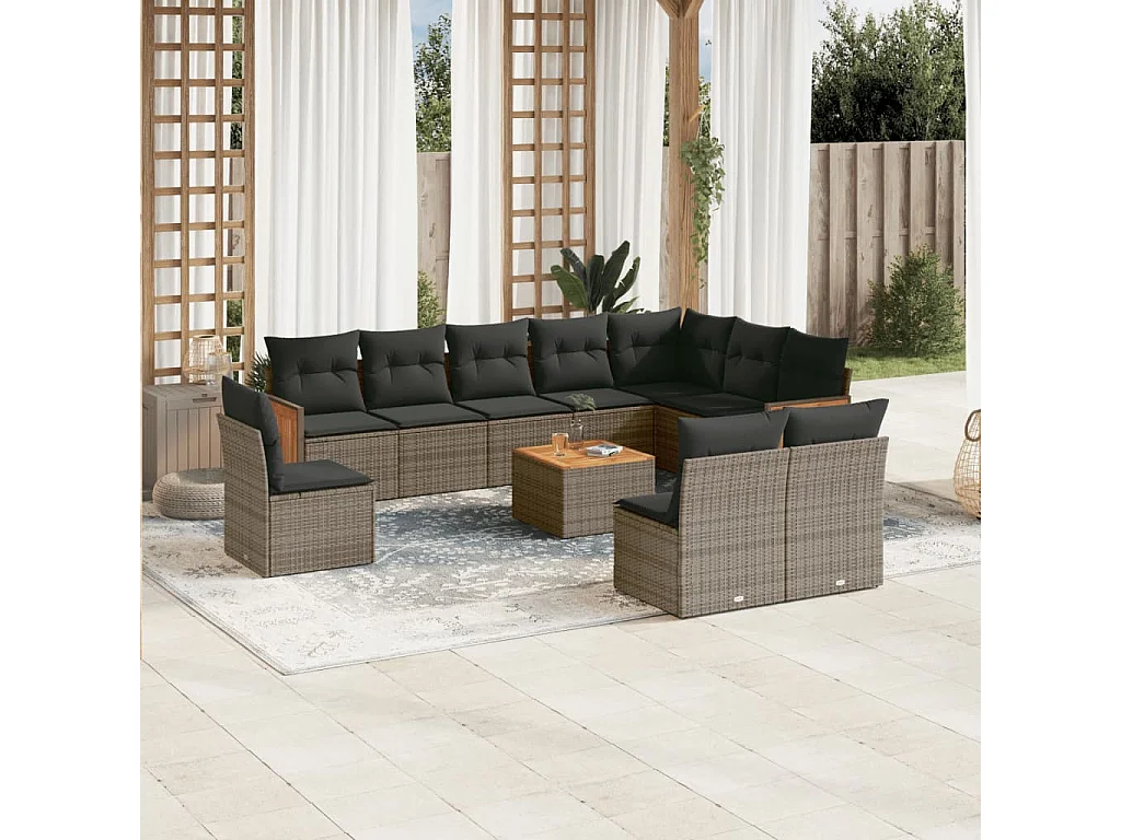 Garden Furniture - 11-tlg. Garten-Sofagarnitur mit Kissen Grau Poly Rattan