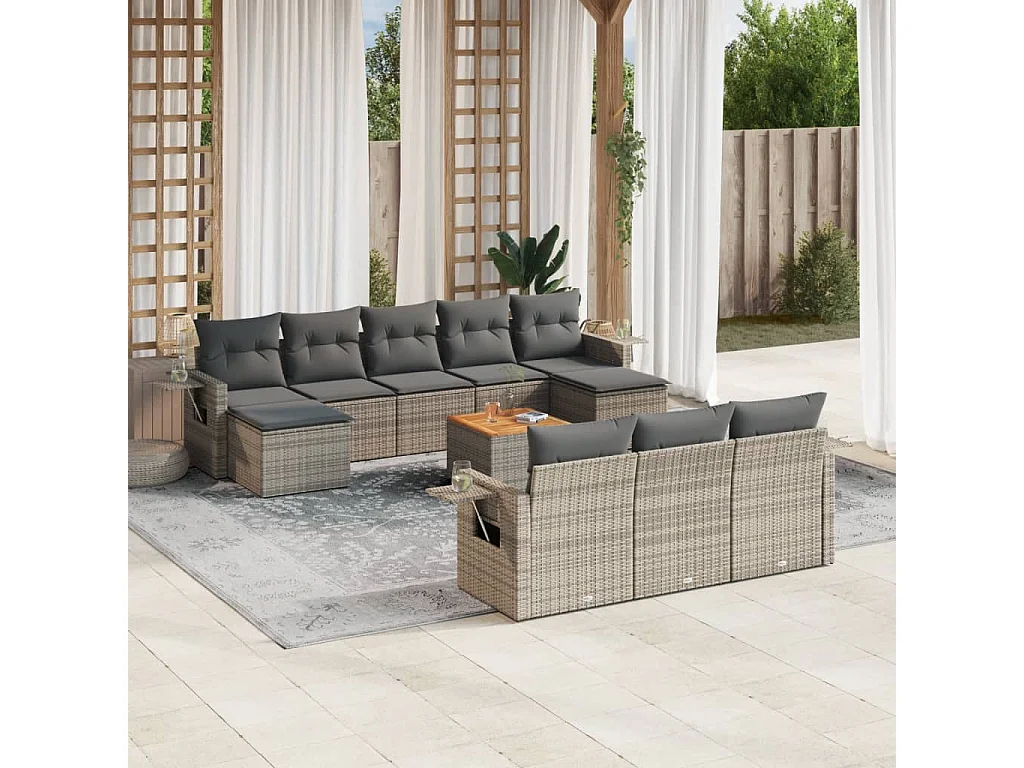 Garden Furniture - 11-tlg. Garten-Sofagarnitur mit Kissen Grau Poly Rattan