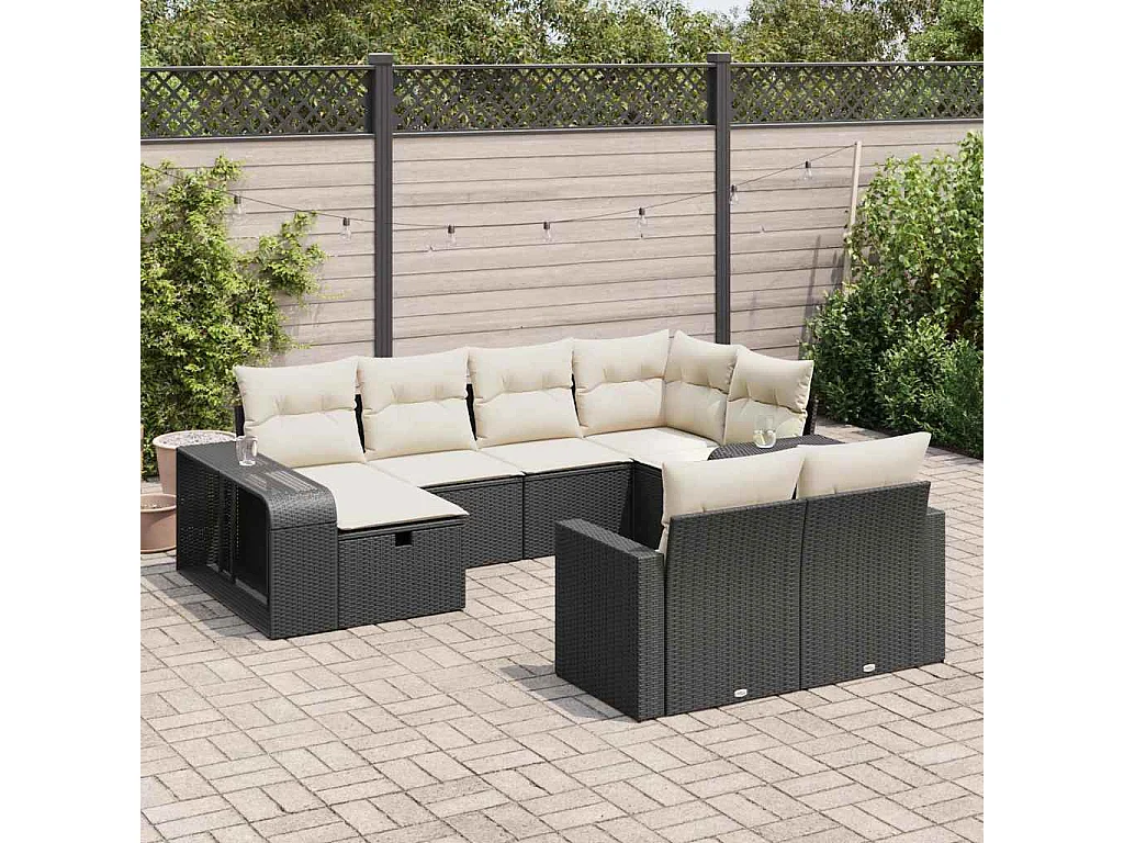 Garden Furniture - 10-tlg. Garten-Sofagarnitur mit Kissen Schwarz Poly Rattan