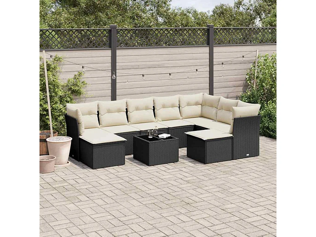 Garden Furniture - Set Divani da Giardino 10pz con Cuscini in Polyrattan Nero