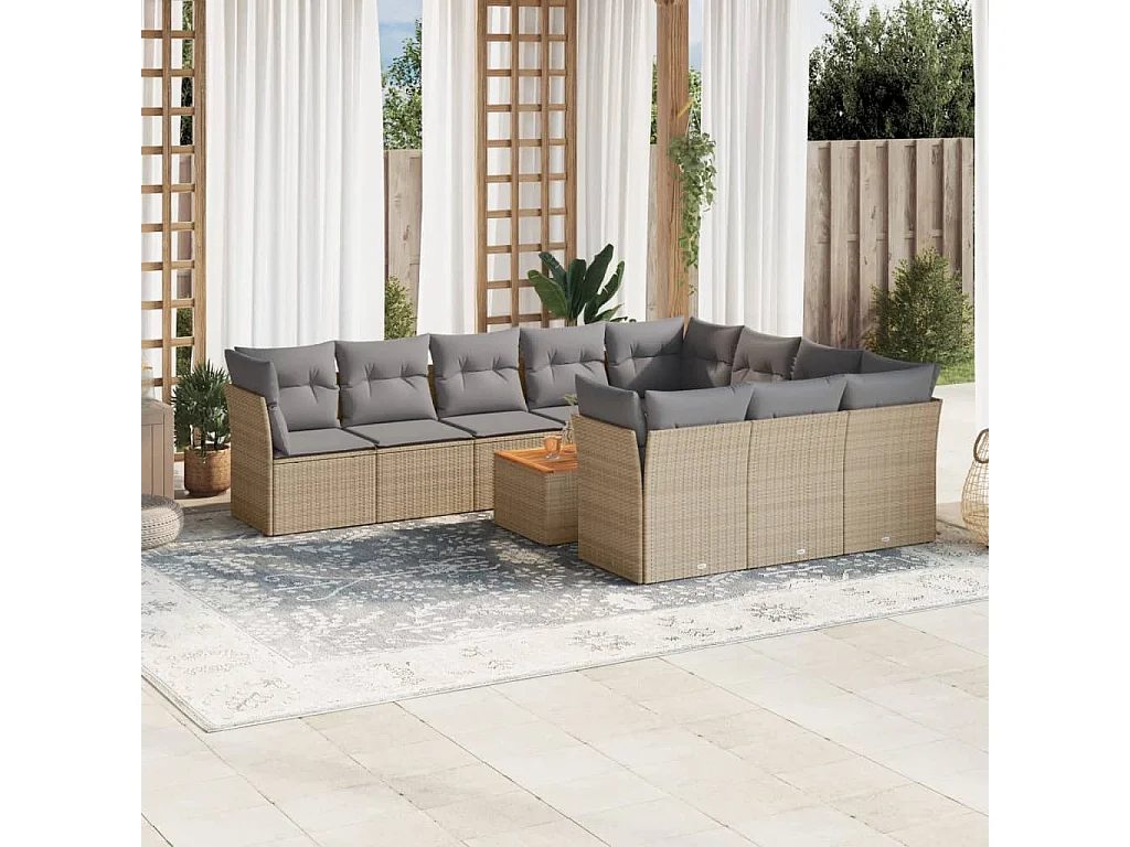 Garden Furniture - 11-tlg. Garten-Sofagarnitur mit Kissen Beige Poly Rattan