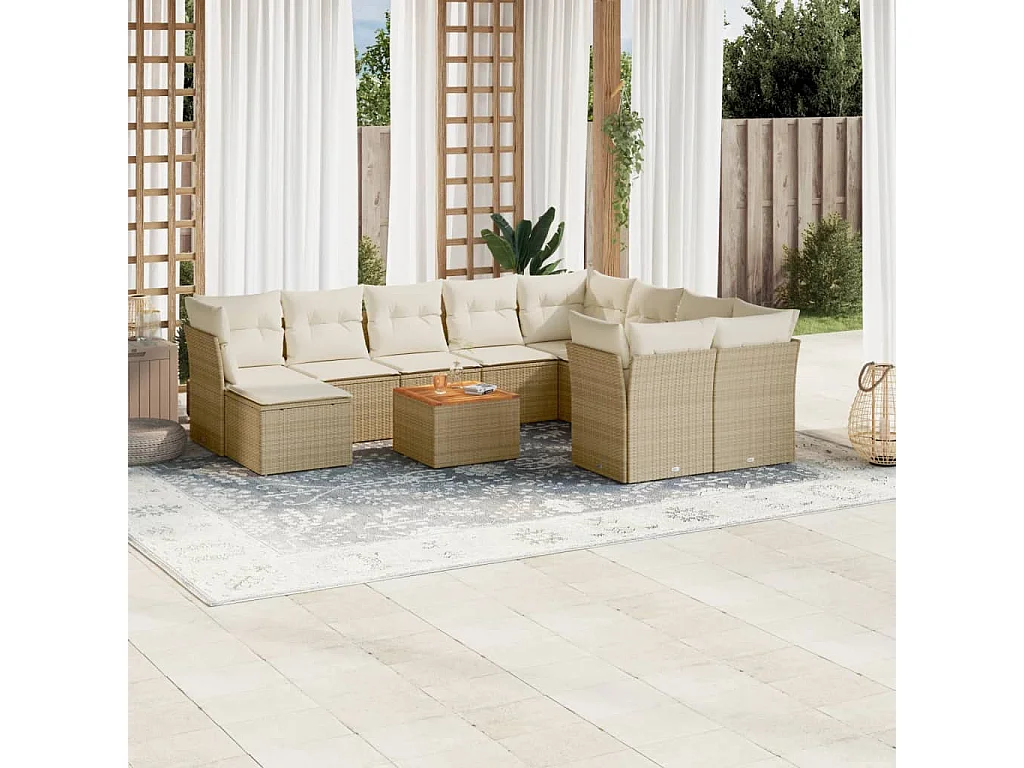 Garden Furniture - 11-tlg. Garten-Sofagarnitur mit Kissen Beige Poly Rattan