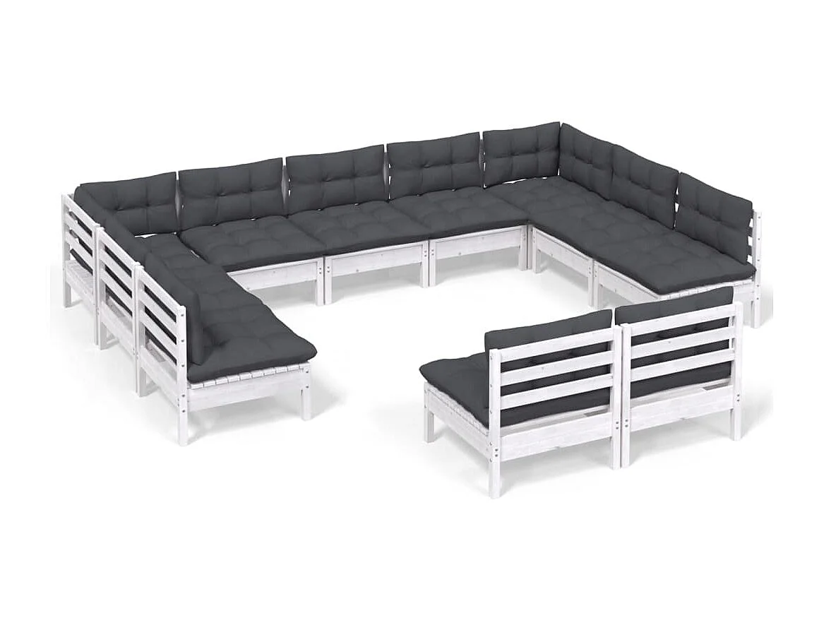 11 pcs conj. lounge de jardim c/ almofadões pinho maciço branco