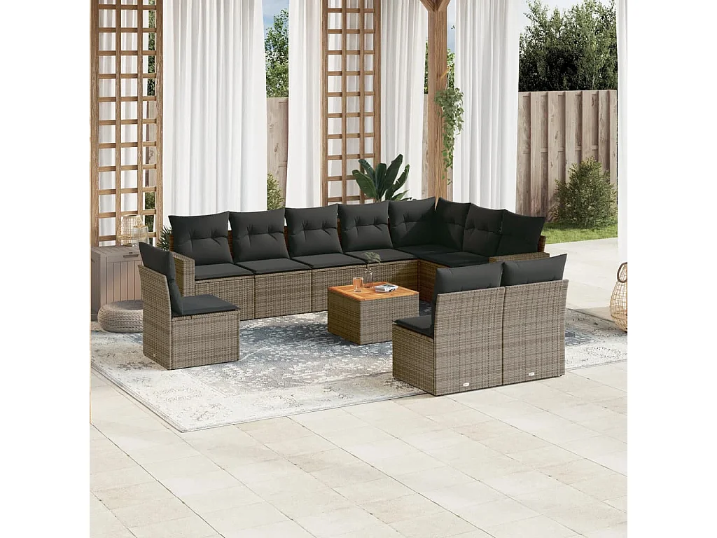 Garden Furniture - 11-tlg. Garten-Sofagarnitur mit Kissen Grau Poly Rattan
