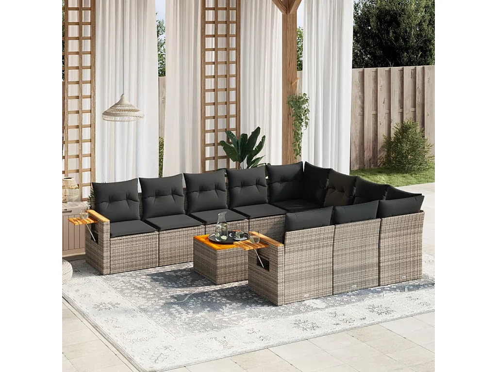 Garden Furniture - 11-tlg. Garten-Sofagarnitur mit Kissen Grau Poly Rattan