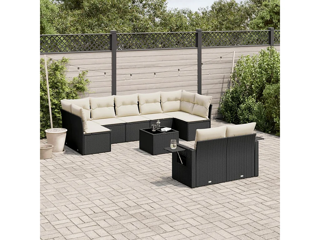 10 pcs conjunto sofás de jardim c/ almofadões vime PE preto