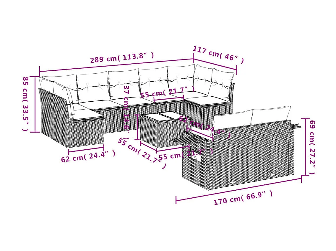 10 pcs conjunto sofás de jardim c/ almofadões vime PE preto