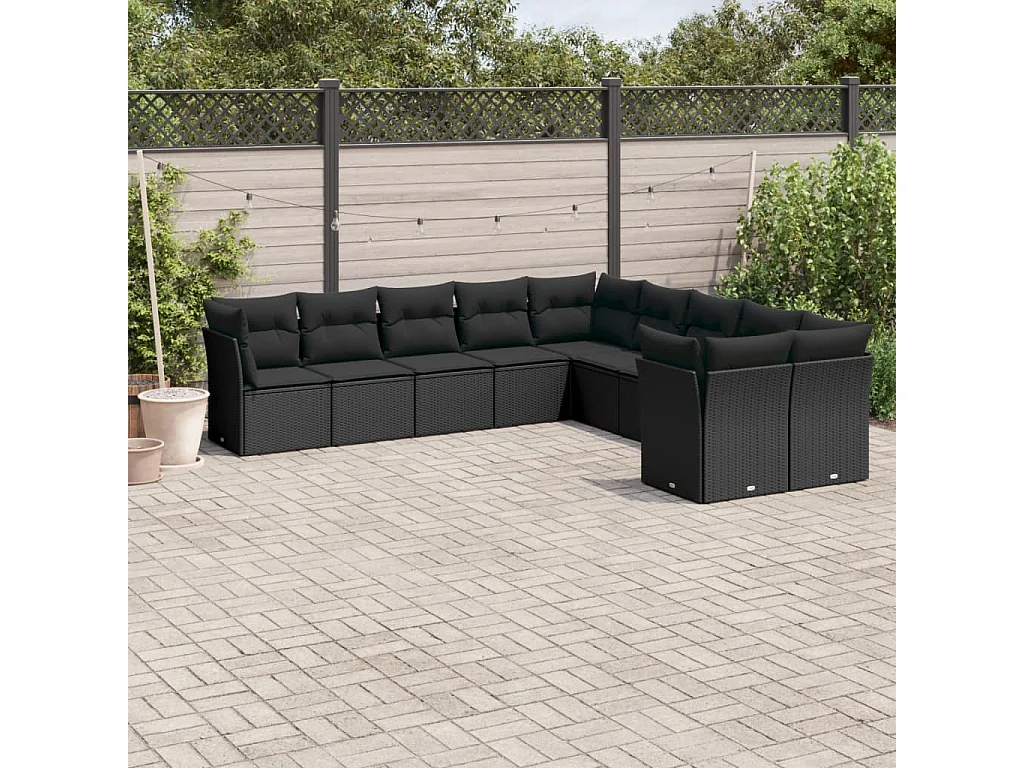 Garden Furniture - Set Divani da Giardino 10pz con Cuscini in Polyrattan Nero