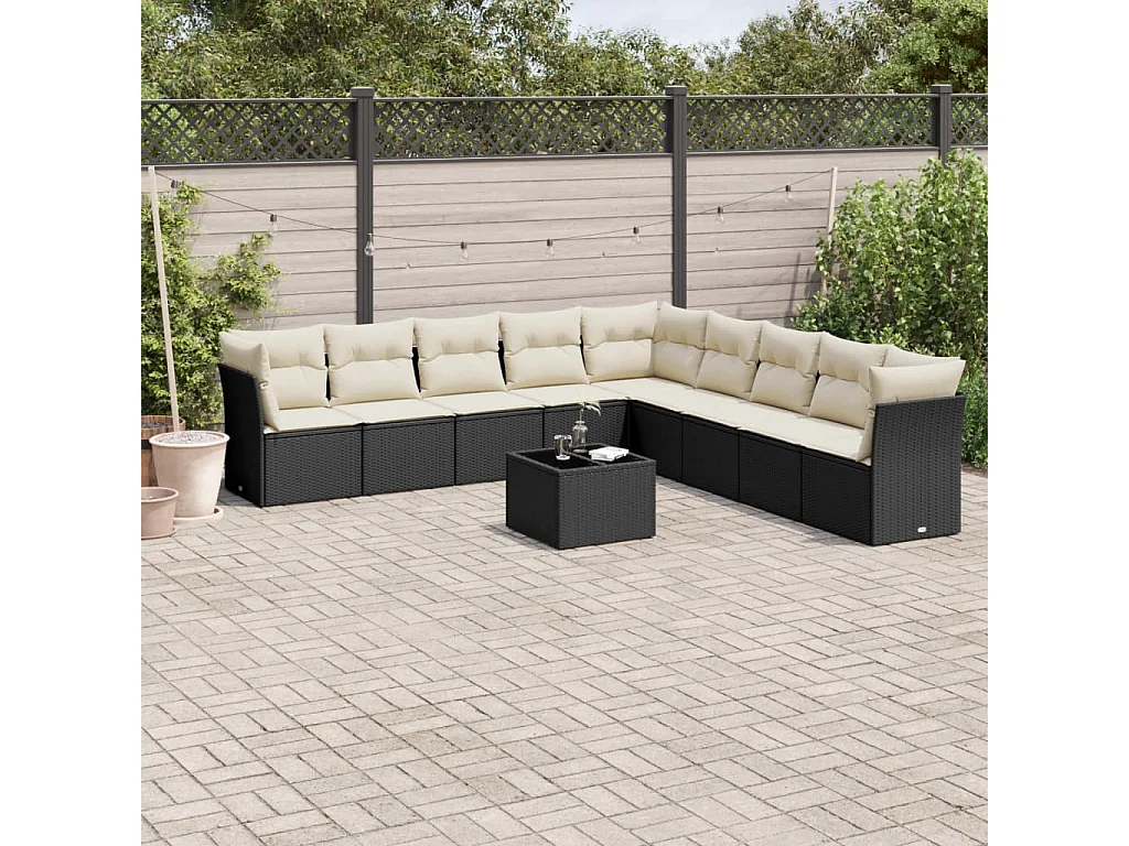 Garden Furniture - 10-tlg. Garten-Sofagarnitur mit Kissen Schwarz Poly Rattan