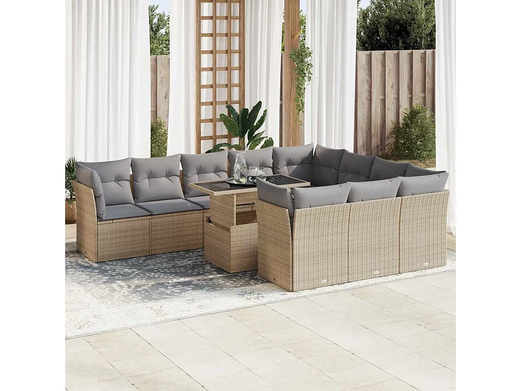 Garden Furniture - 11-delige Tuinset met kussens poly rattan beige