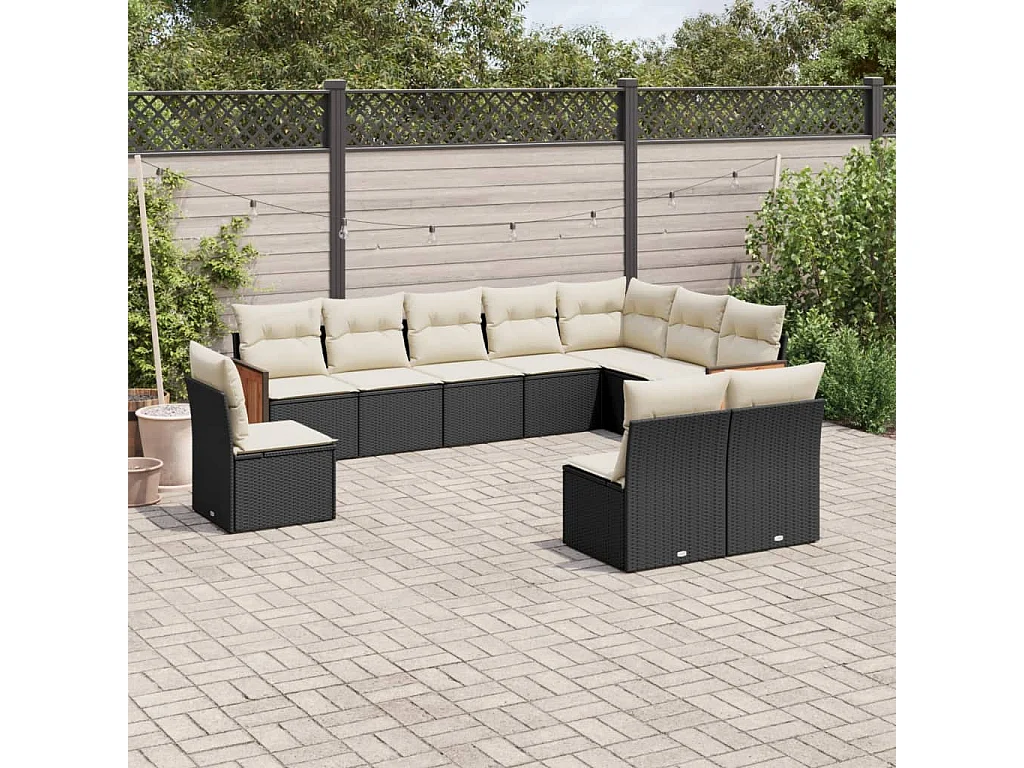 10 pcs conjunto sofás de jardim c/ almofadões vime PE preto