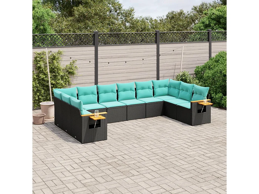 Garden Furniture - 10-tlg. Garten-Sofagarnitur mit Kissen Schwarz Poly Rattan