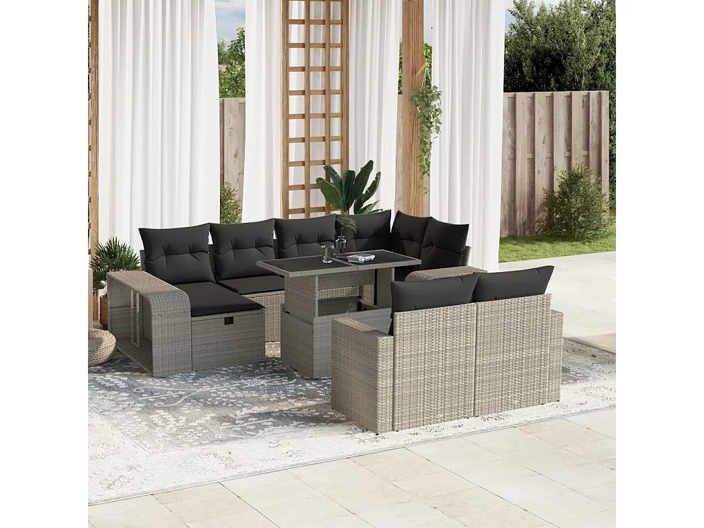 Garden Furniture - 11-tlg. Garten-Sofagarnitur mit Kissen Hellgrau Poly Rattan