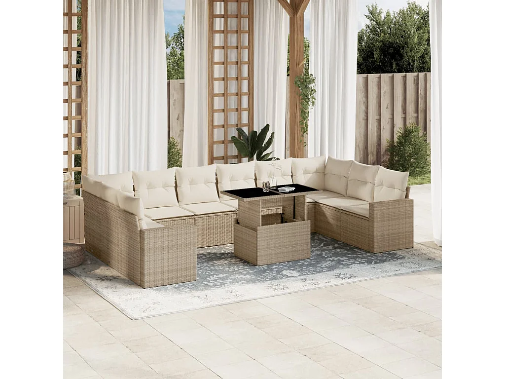 11 pcs conjunto sofás de jardim c/ almofadões vime PE bege