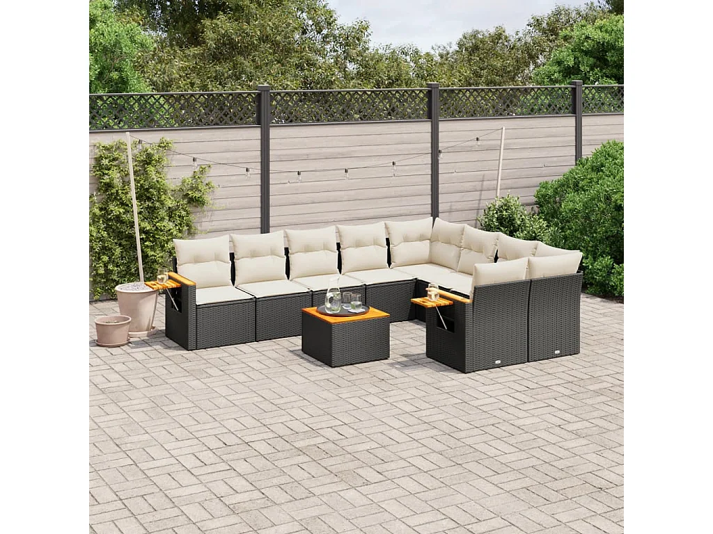 Garden Furniture - 10-tlg. Garten-Sofagarnitur mit Kissen Schwarz Poly Rattan