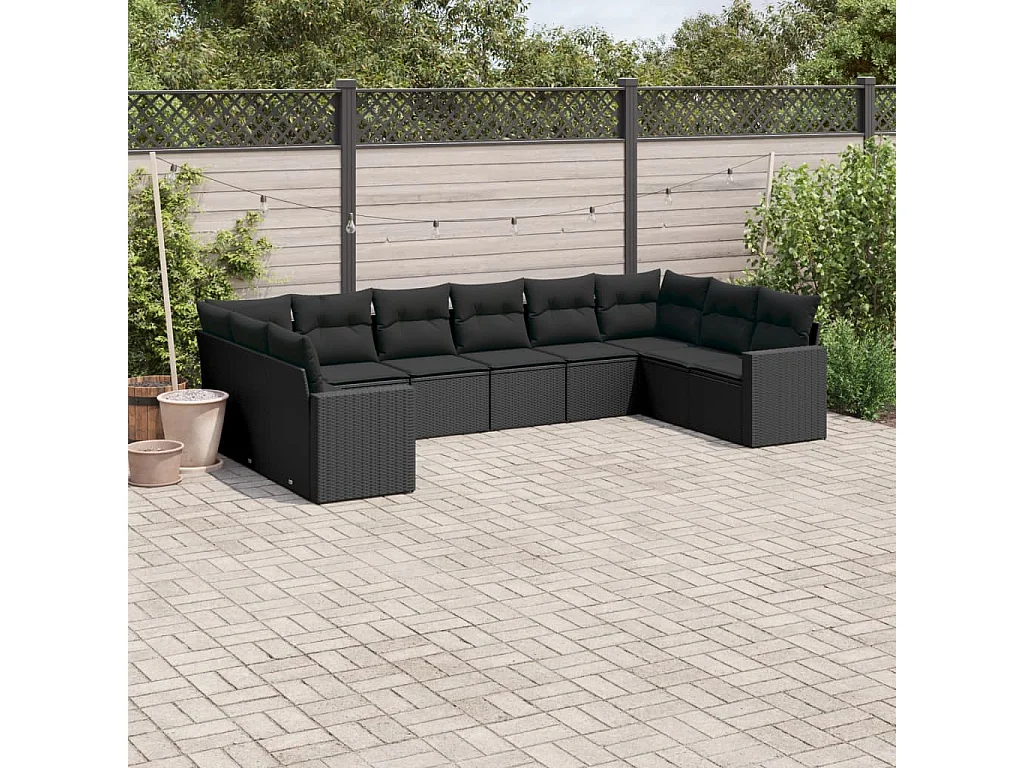 Garden Furniture - Set Divani da Giardino 10pz con Cuscini in Polyrattan Nero