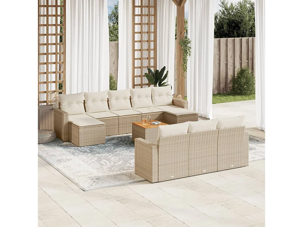 Garden Furniture - 11-tlg. Garten-Sofagarnitur mit Kissen Beige Poly Rattan