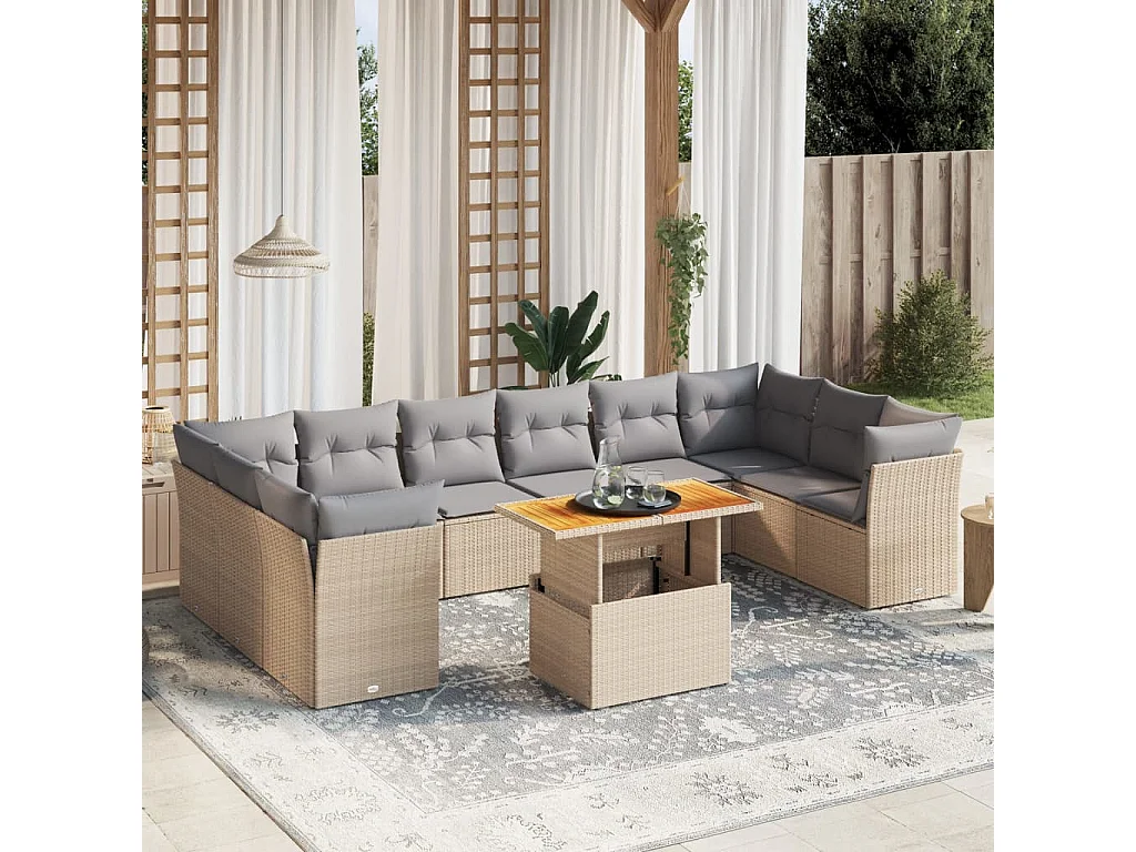 Garden Furniture - 11-tlg. Garten-Sofagarnitur mit Kissen Beige Poly Rattan