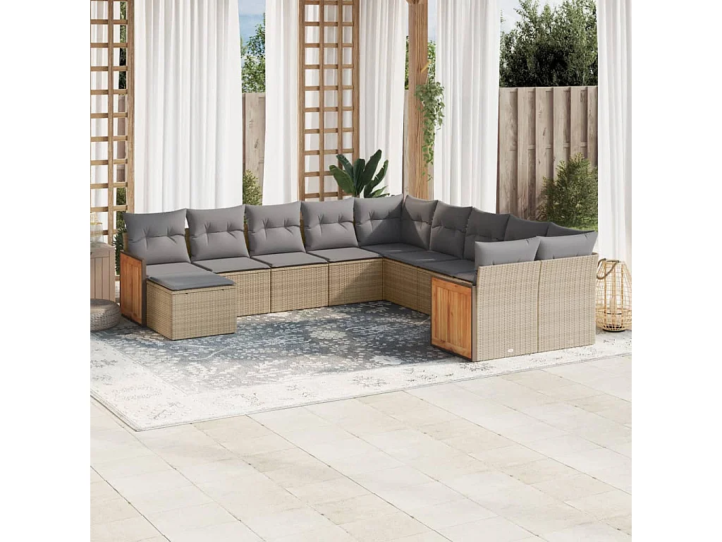 Garden Furniture - 11-tlg. Garten-Sofagarnitur mit Kissen Beige Poly Rattan