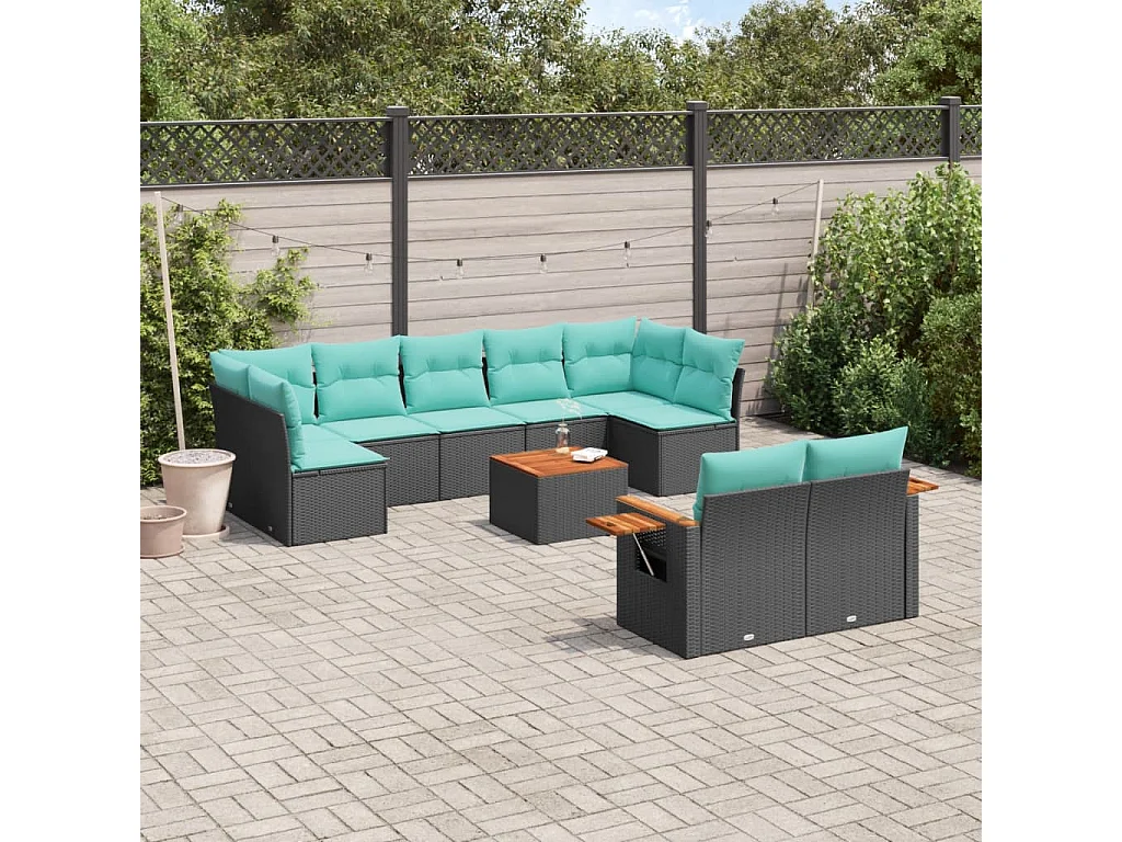 Garden Furniture - 10-tlg. Garten-Sofagarnitur mit Kissen Schwarz Poly Rattan