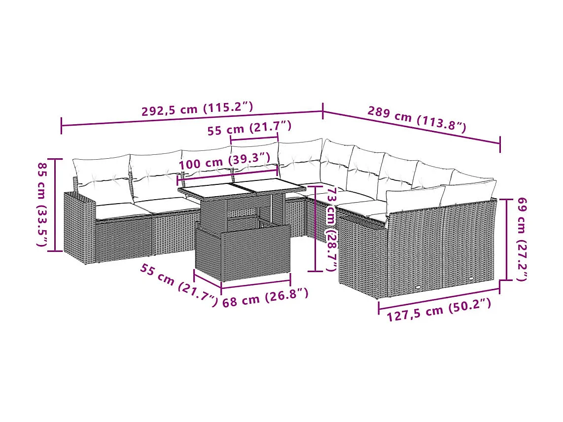 11 pcs conjunto sofás de jardim c/ almofadões vime PE bege