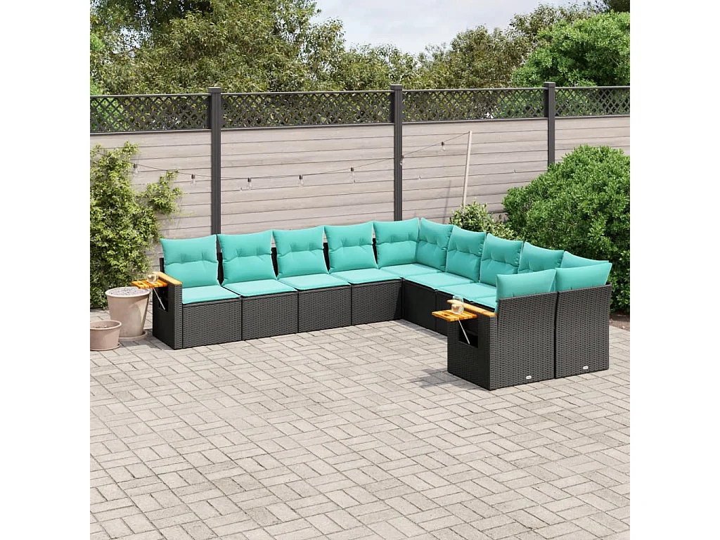 Garden Furniture - 10-tlg. Garten-Sofagarnitur mit Kissen Schwarz Poly Rattan