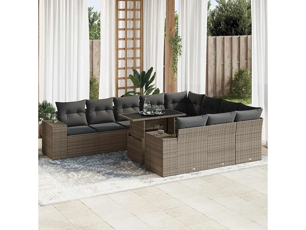 Garden Furniture - 11-tlg. Garten-Sofagarnitur mit Kissen Grau Poly Rattan